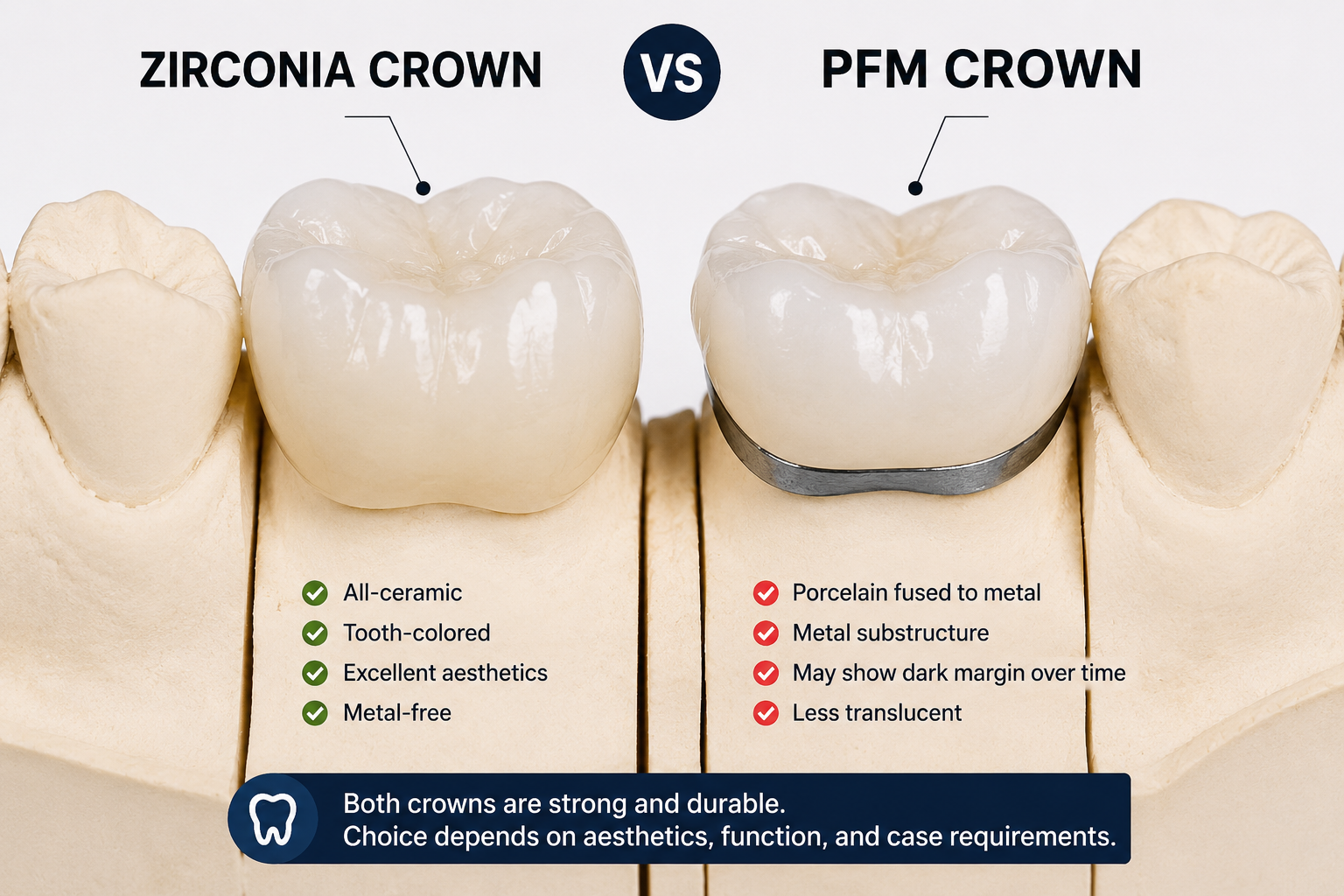 Zirconia vs PFM Crowns comparison on dental model